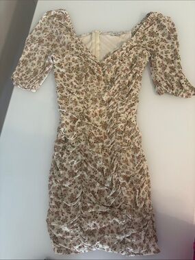 Floral Ruched V-Neck Mini Dress - Cream with Pink Floral